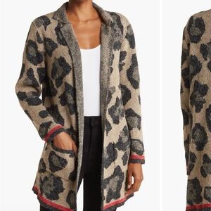 Joseph A. Leopard-Print Open-Front Cardigan in Beige, Black & Red Trim
